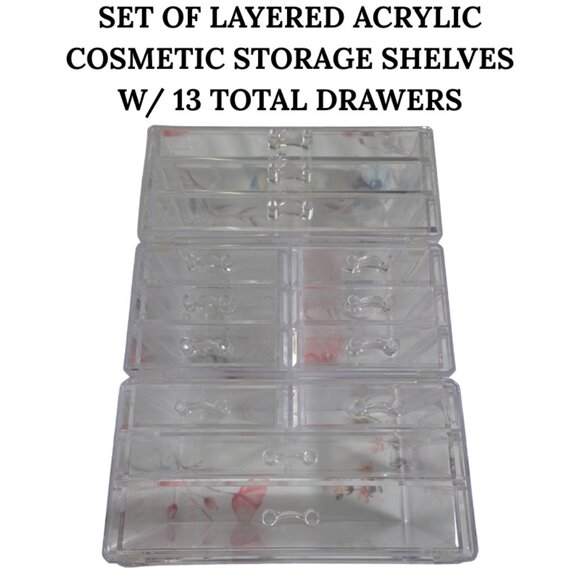 SET OF LAYERED ACRYLIC STACKING STORAGE SHELVES WITH 13 TOTAL DRAWERS - Picture 1 of 1